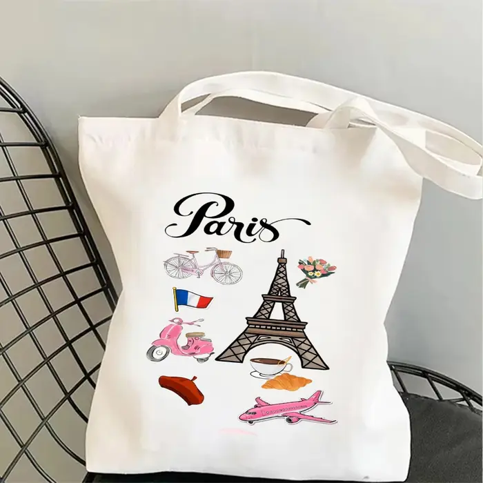 Sac fourre-tout en toile avec motif des monuments de Paris, imprimé Tour Eiffel et Arc de Triomphe,