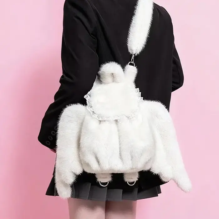 Blanc fausse fourrure ailes d'ange sac à dos dentelle décor mignon sac à bandoulière en peluche Kawa