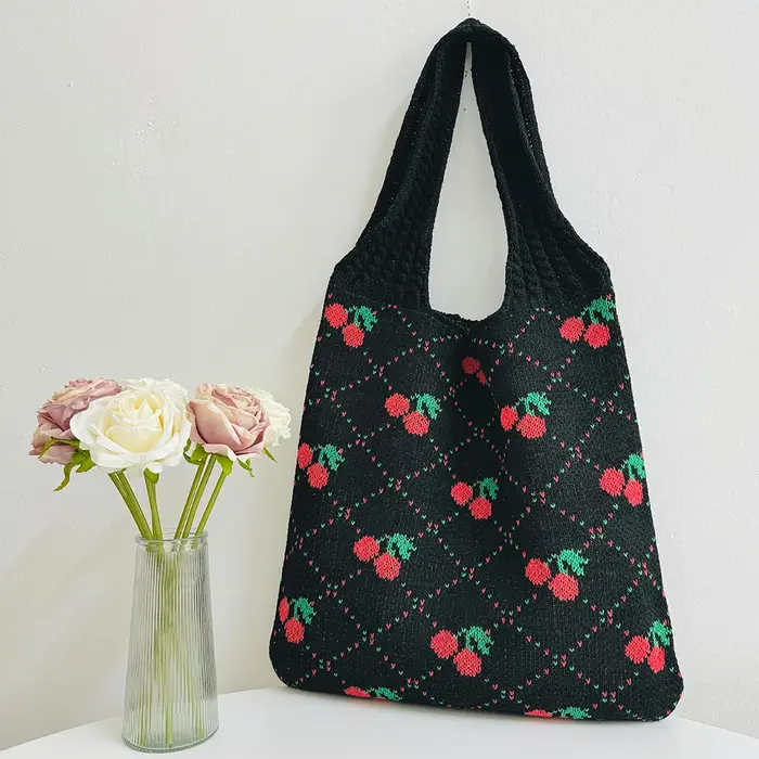 Sac à main fourre-tout en Crochet pour femmes, sac d'épicerie en Crochet imprimé cerise, sac à main 