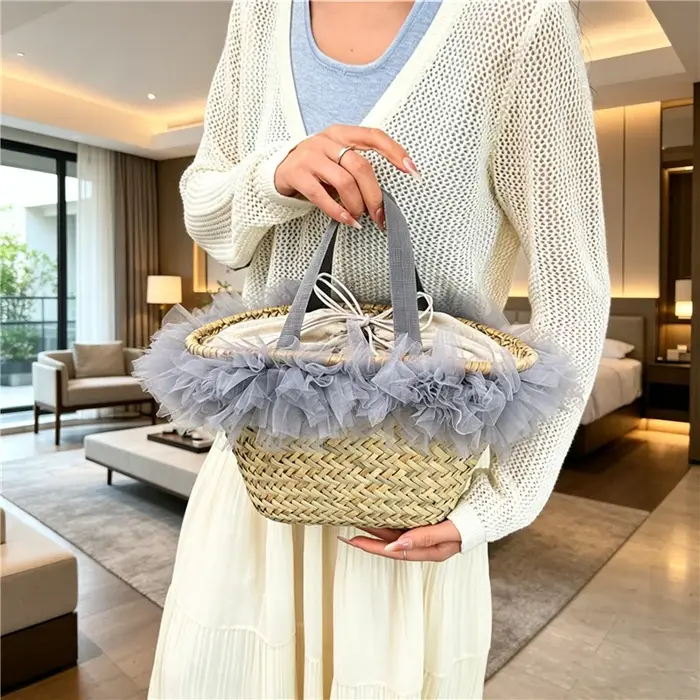 Sac à main en osier tressé à la main avec poignée en bambou pour femme