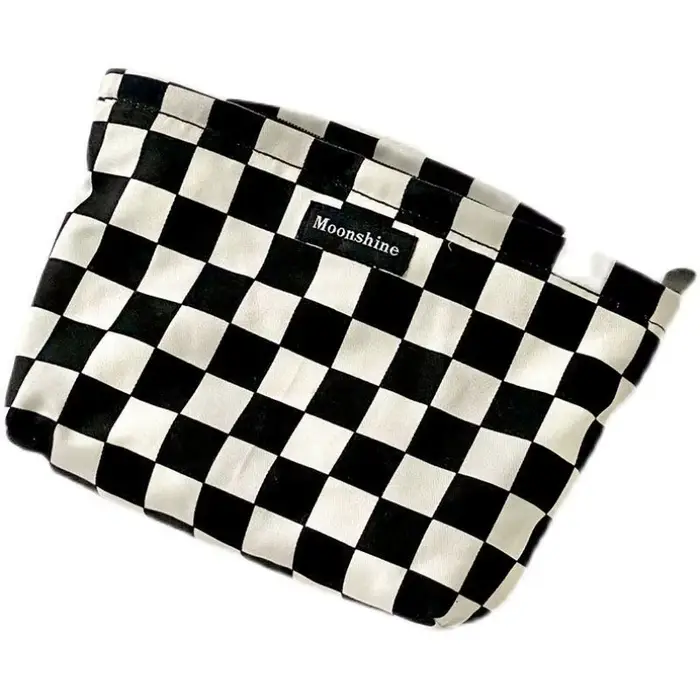 Sac à cosmétiques à carreaux noir et blanc, sac de rangement de cosmétiques de grande capacité, trou