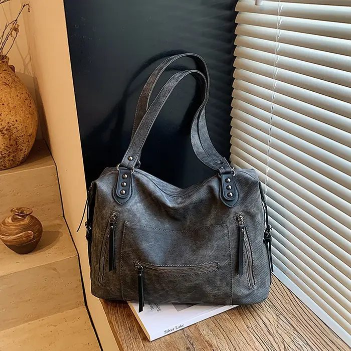 Sac fourre-tout à fermeture éclair en cuir PU de couleur unie, sac à bandoulière de grande capacité,