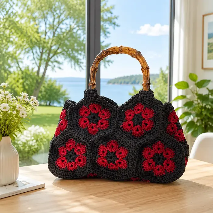Sac en crochet floral tissé à la main avec une belle poignée – Sac fourre-tout rétro style Granny Sq