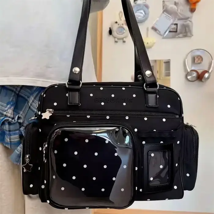 Sac à pois pour femme avec fenêtre transparente, multi-poches, porte-cartes photo Kawaii, sac à main