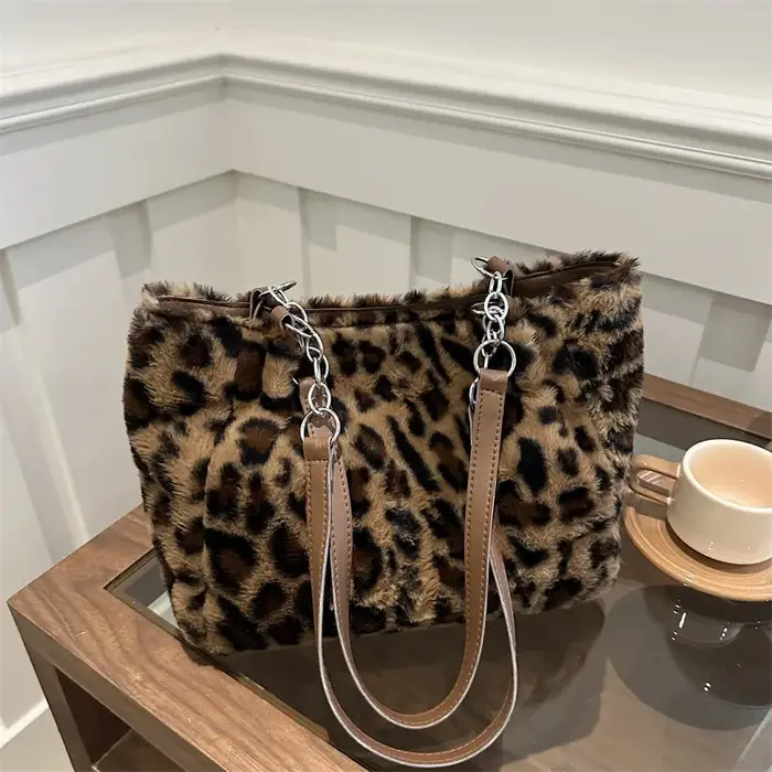 Sacs à main en fourrure à imprimé léopard pour femmes et filles, fourre-tout moelleux, sac à main en