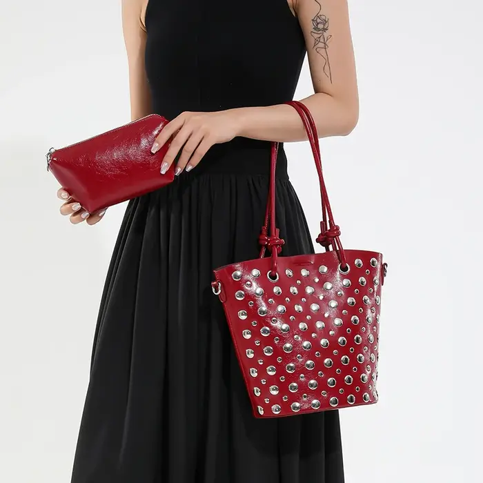 Rivet Design seau sac à bandoulière pour femmes 7 couleurs Pu cuir sac à main sous les bras sac mode décontracté 2 ensemble fourre-tout dame sac de trajet