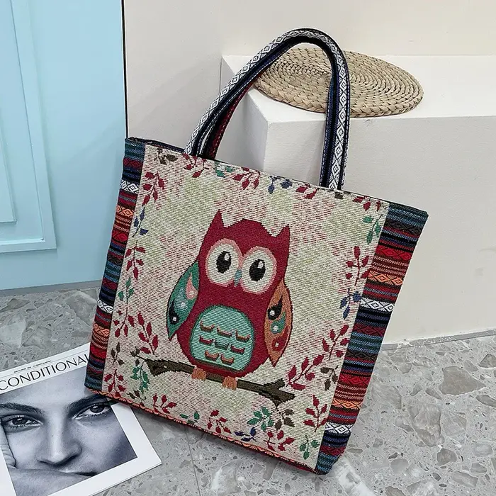 Nouveau sac à main hibou mode femme tissu brodé personnalisé Shopping grande capacité une épaule sac