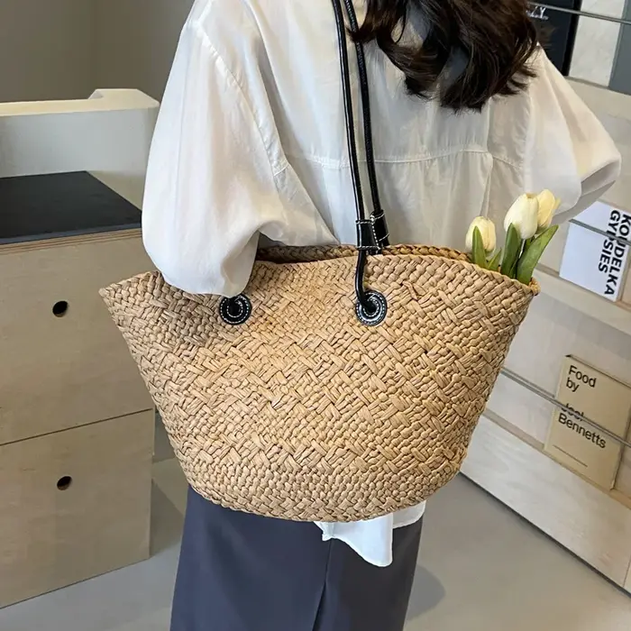 Sac fourre-tout en paille tressée grande capacité Printemps 2026 – Sac à bandoulière de plage tendance style transfrontalier en tissu jute et polyester