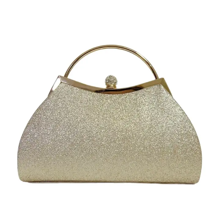 Sac à main de soirée brillant couleur champagne avec grande poignée supérieure en anneau doré