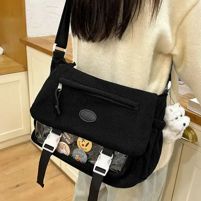 Nouveau Kawaii Itabag hiver doux velours côtelé sacs à bandoulière Transparent sac clair Collage étudiant sac
