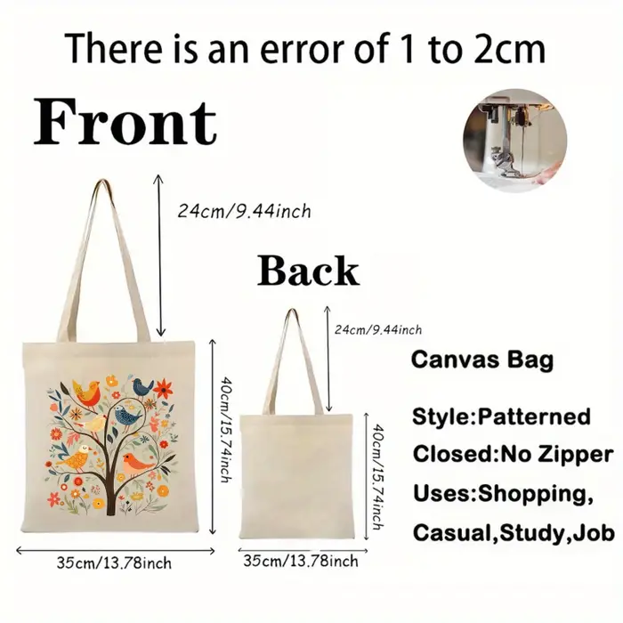 Sac fourre-tout en toile crème, arbre à motifs d'oiseaux et de fleurs, adapté à un usage quotidien