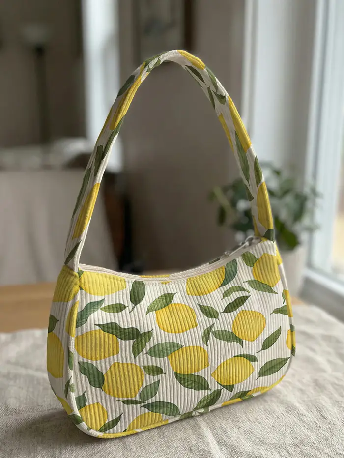 Sac à bandoulière tendance à imprimé citron, sac sous le bras en velours côtelé pour un usage quotid