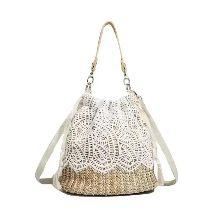 Sac à bandoulière vintage en paille et dentelle, sac fourre-tout ajouré à motif floral, sac seau gra