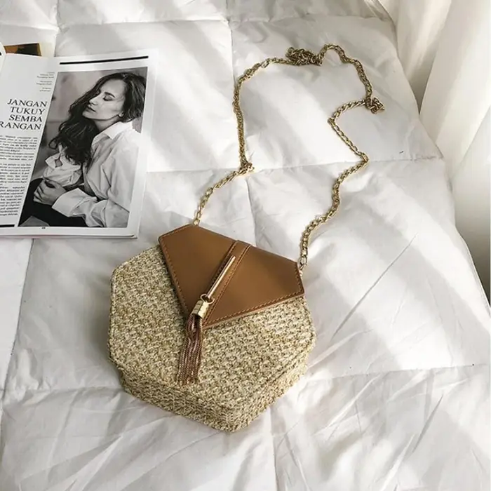 Yogodlns-Sac à main en rotin pour femmes, sacoche en paille hexagone, tissé à la main, bohème, porté
