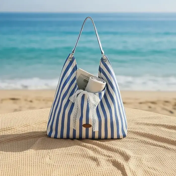 Sac hobo rayé pour femme, sac fourre-tout en toile avec nœud en dentelle, sac à bandoulière réversible pour les courses quotidiennes