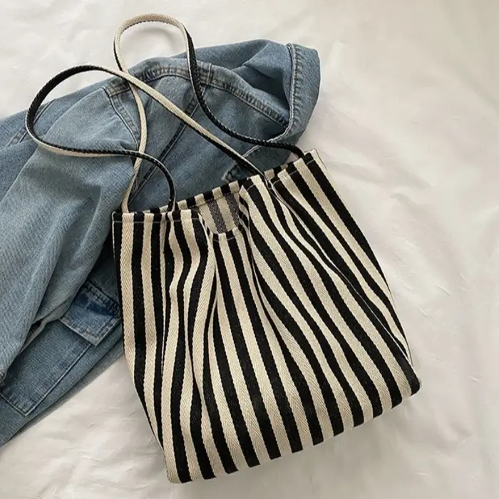 Sac fourre-tout chic à rayures tissées grande capacité