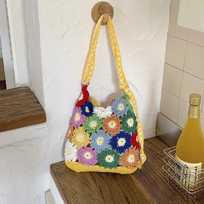 Sac à bandoulière en crochet floral fait main pour femme, sac fourre-tout ajouré en tricot à fleurs,