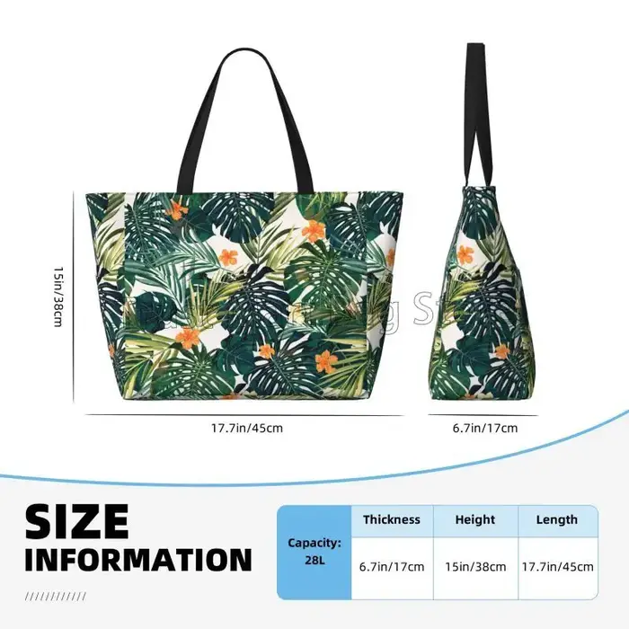 Sac de plage à feuilles et fleurs vertes tropicales pour femmes