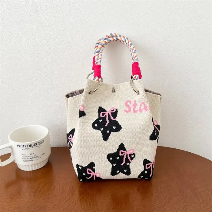 Sac fourre-tout tricoté chat mignon, sac à main tricoté avec nœud étoile, sac seau en laine d'ours t