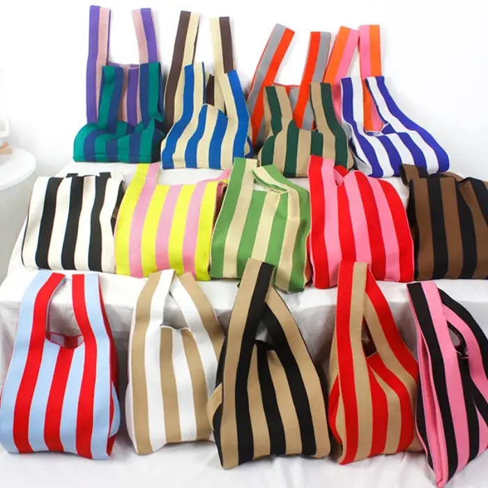Mode coréenne gilet fourre-tout sacs doux coloré tricoté sac à main contraste rayure pliable