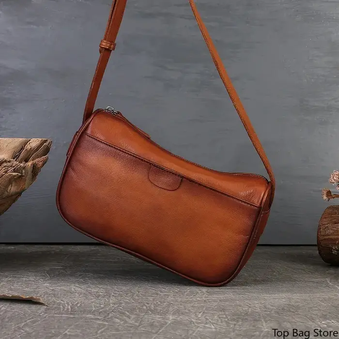 Sac Hobo Vintage en Cuir Véritable pour Femme, Tannage Végétal, Sac à Main Rétro avec Bandoulière Réglable, Sans Logo, Luxe Discret