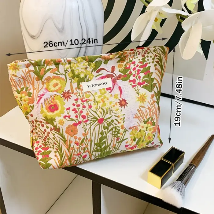 Pochette en toile de polyester à motif floral, fermeture éclair, pochette de rangement pour cosmétiques, grande capacité, portable