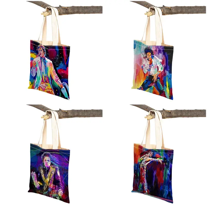 Smile Star-Sac à main en toile réutilisable pour femme, fourre-tout pour femme, sac à provisions décontracté, impression des deux côtés, Michael Jackson, grill, mode