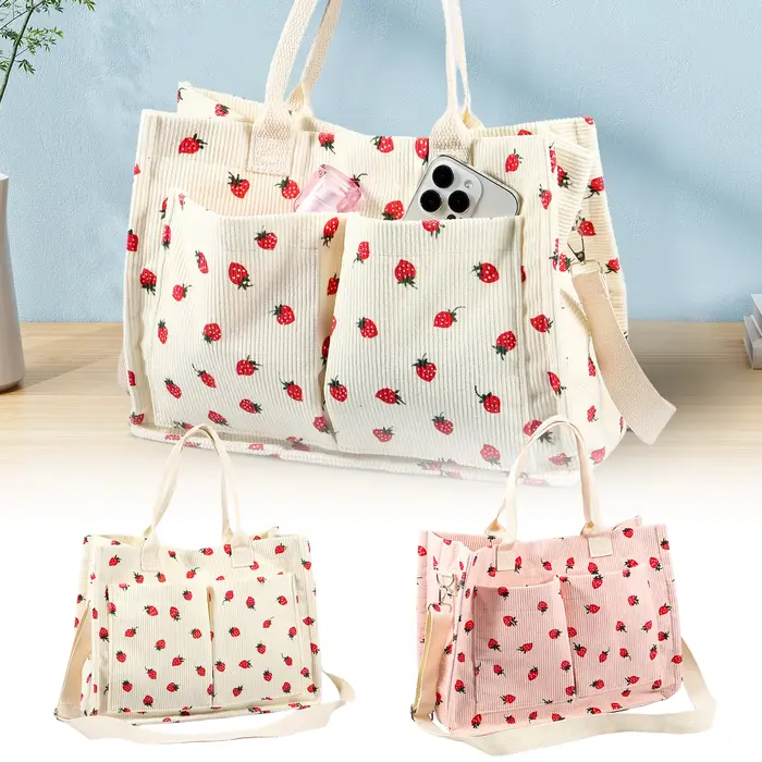 Sac fourre-tout mignon fraise patché sac à main pour femmes tissu grande capacité