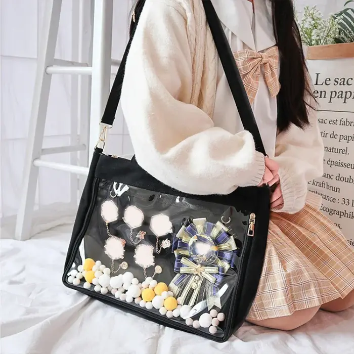 Grand sac Ita noir avec insert japonais mignon clair femmes Double sangles filles Kawaii sac à bandoulière Transparent