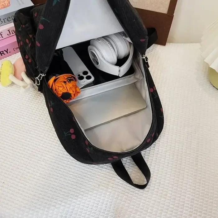 Sac à dos en velours côtelé motif cerise pour femmes
