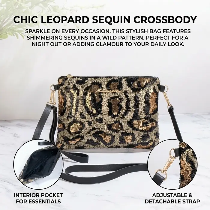 Sac à bandoulière pour femme avec broderie de sequins et imprimé léopard