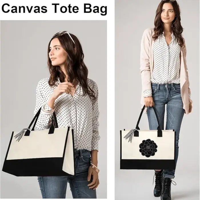 Sac fourre-tout en toile à motif floral crème et noir
