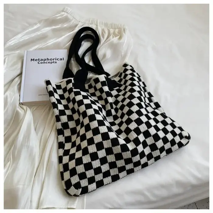 Nouveau Ins sac tricoté mode épaule noir blanc Plaid grand fourre-tout rétro sacs à main pour femme sac à tricoter
