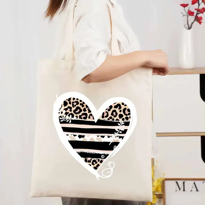 Sac à main en toile à motif en forme de cœur avec rayures léopard naturelles et motif floral pour le