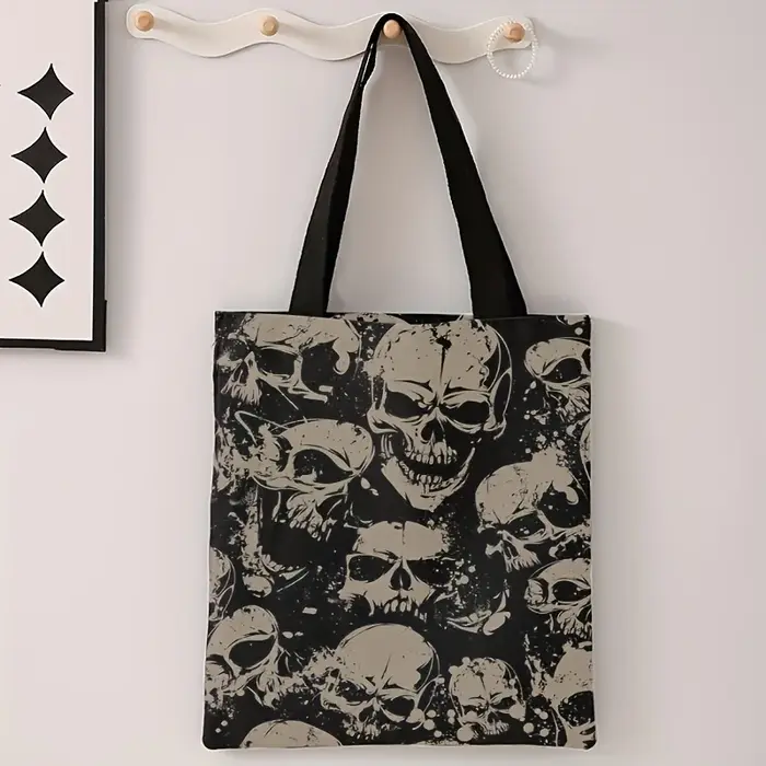 Sac fourre-tout imprimé crâne – Sac à main réutilisable en polyester durable, sac de courses avec mo