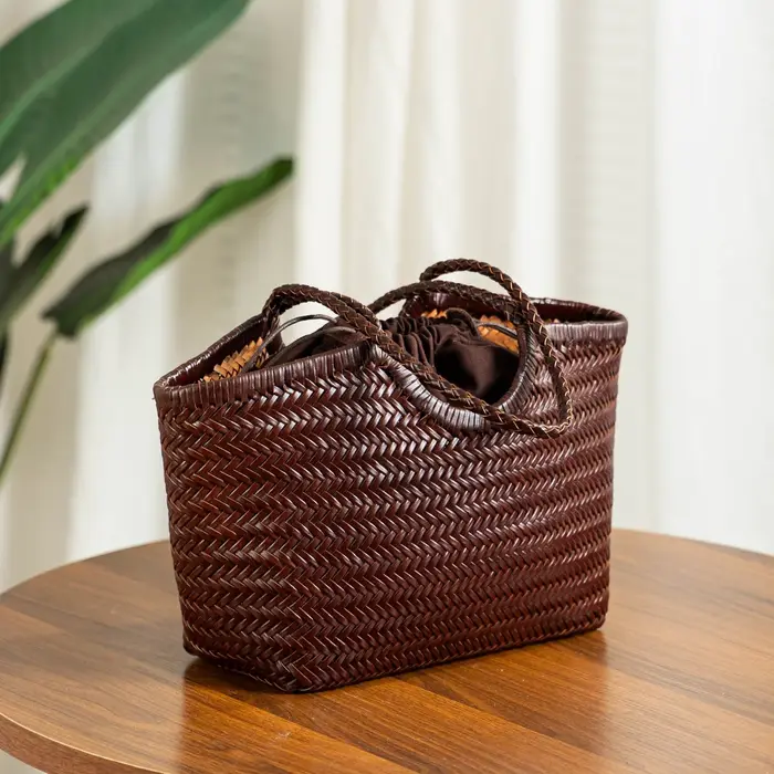 Sac fourre-tout tissé en cuir véritable pour femme
