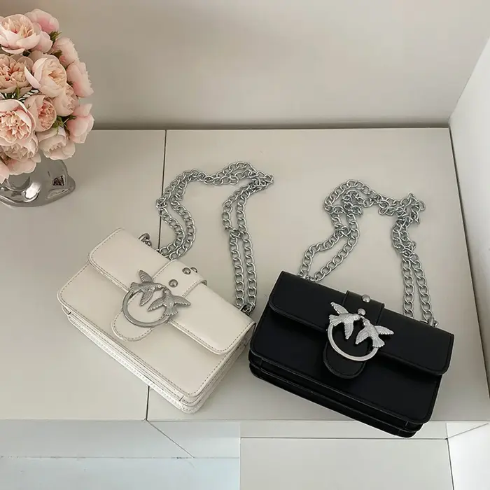 Sac à bandoulière double chaîne pour femme, sac à rabat rétro en cuir PU, sac à main décontracté pou