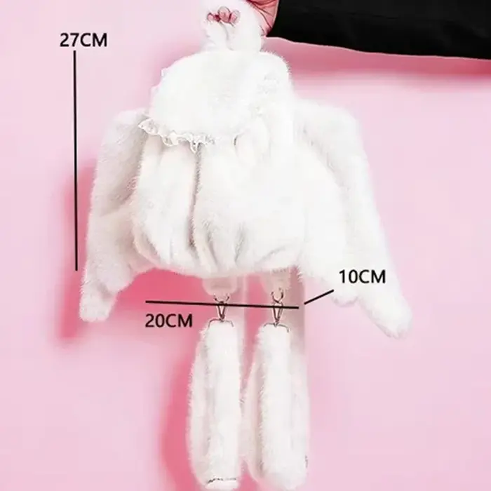 Blanc fausse fourrure ailes d'ange sac à dos dentelle décor mignon sac à bandoulière en peluche Kawa