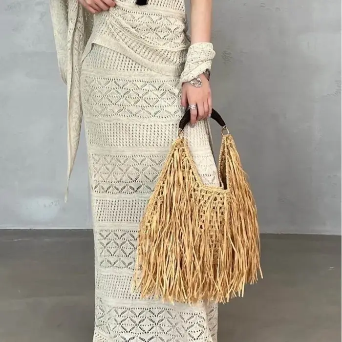 Sac fourre-tout bohème en paille à franges grande capacité