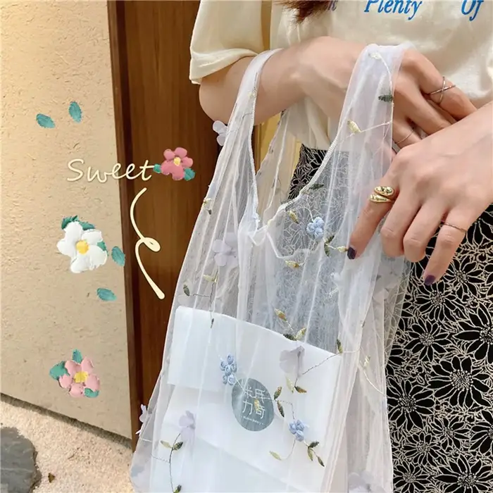 Sacs à main écologiques décontractés, sacs à main brodés, sacs de shopping, sacs à main en maille transparente