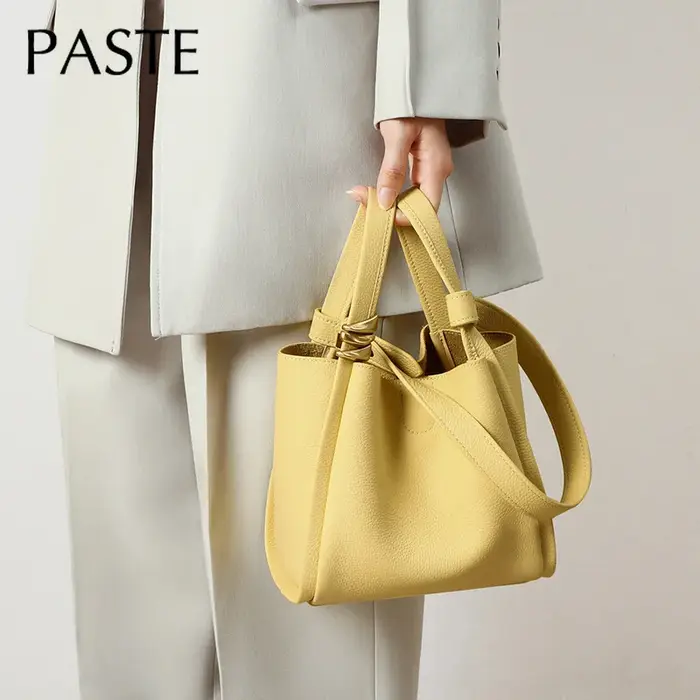 Sac à Main en Cuir de Vache Jaune pour Femme, Fourre-Tout de Marque de Styliste, Luxueux, à la Mode, pour Printemps et Été, E27