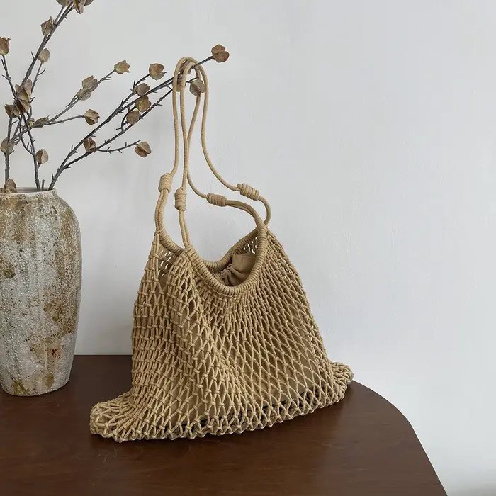 Sac à bandoulière de plage en paille tressée ajourée grande capacité pour femme