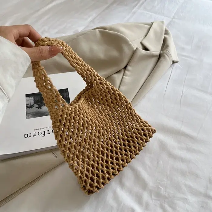 Nouveaux sacs fourre-tout d'été tissés à la main, couleur unie, colorés, en tricot et crochet, sac d