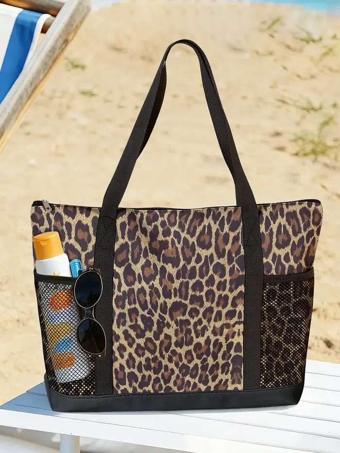 Sac de plage classique à imprimé léopard avec poche latérale en maille