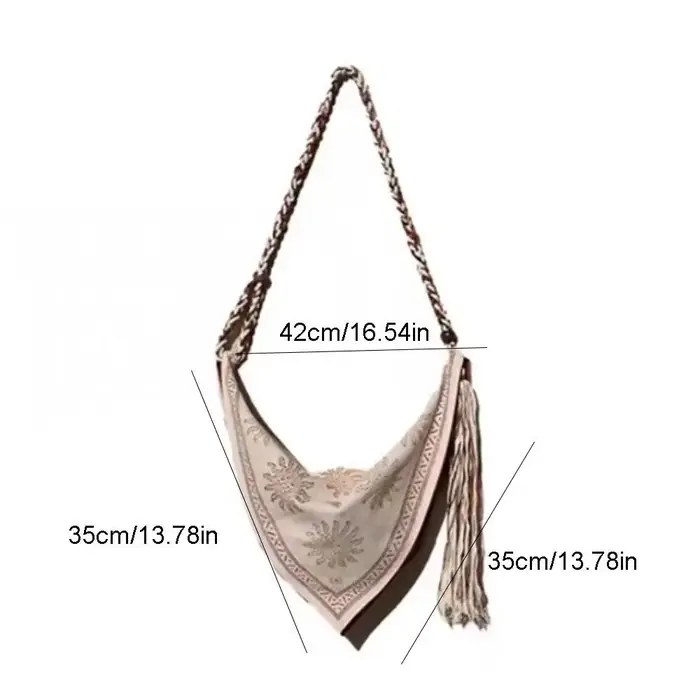 Sac à bandoulière triangulaire bohème tendance en lin imprimé, sac à main rétro avec détail pompon, sac messager ethnique pour l'été