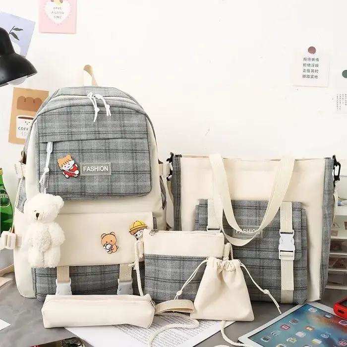 Sac à dos scolaire polyvalent en nylon pour filles, ensemble de 5 pièces, grande capacité, style déc