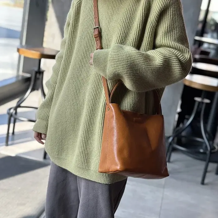 Johnature 2026 Nouveau Sac à bandoulière seau en cuir véritable, style vintage, grande capacité, en
