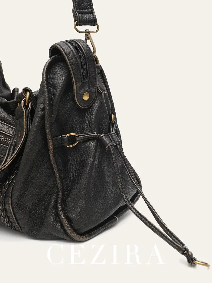 Vintage lavé en cuir PU grande capacité fourre-tout poches zippées tresse décor épaule sac à bandoulière unisexe femmes voyage quotidien sac à main