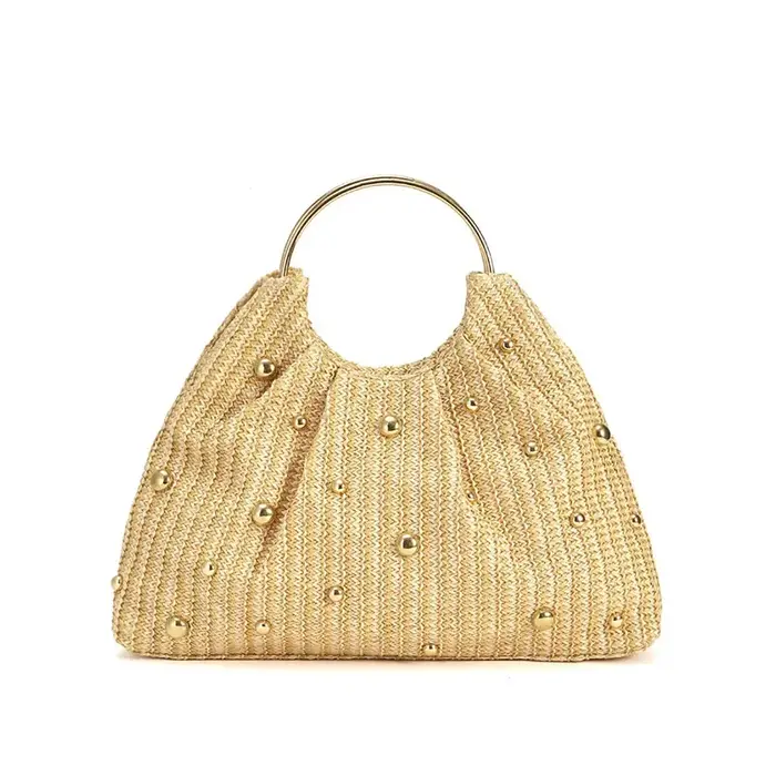 Sac à main en paille perlé, sac de soirée Boho, pochette élégante avec poignée circulaire, sac fourr