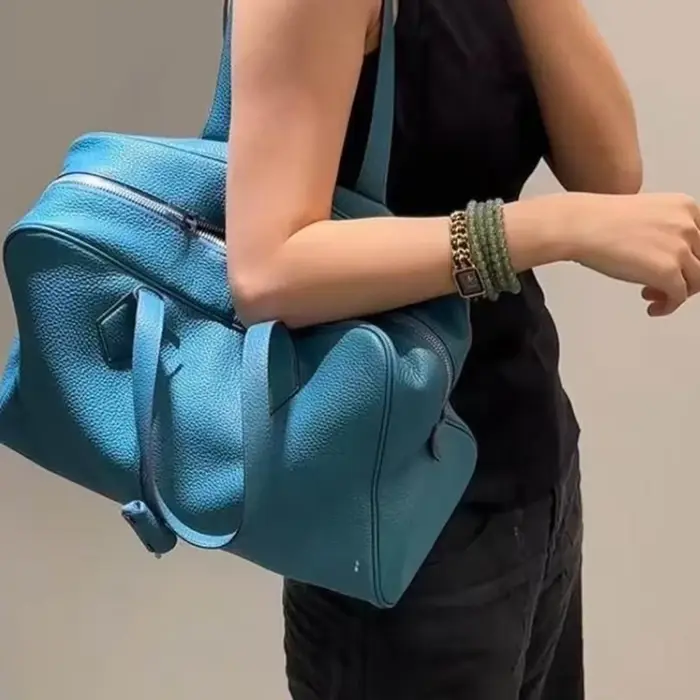 Sac Boston en cuir de marque haut de gamme, bleu, grande capacité, rectangulaire, sac à bandoulière